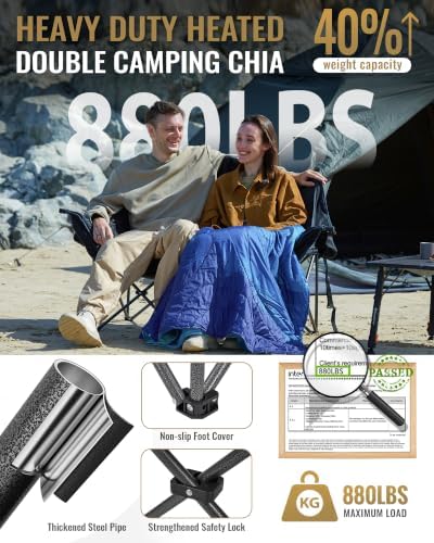 KingCamp Heated Double Camping Chair, Oversized 880lbs Heavy Duty Loveseat for Adults Portable Folding XL 2 Person Couch Padded Comfortable with 3 Heat Levels for Outdoor Sports Lawn, Black/Grey
