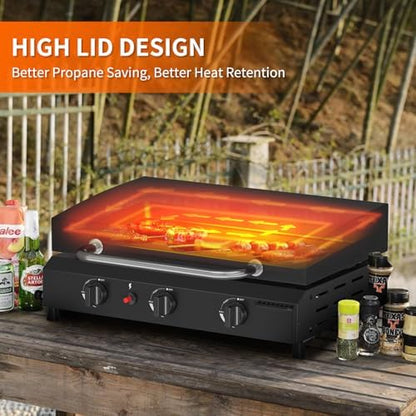SKOK 3 Burners Outdoor Tabletop Gas Griddle with Hood, Flat Top Grill