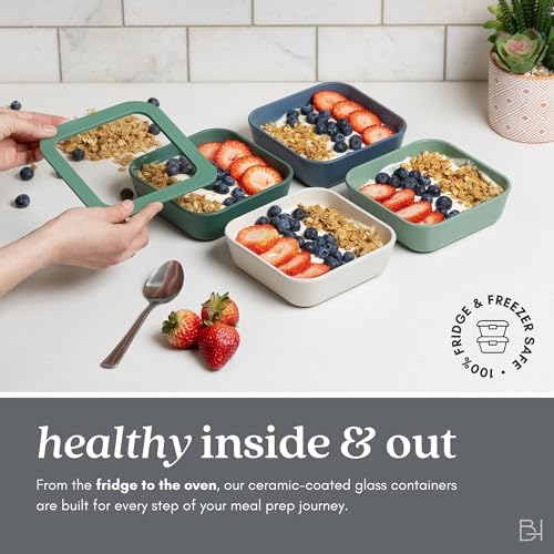 12-Piece Glass Meal Prep Containers Set with Lids (6 Containers + 6 Lids) | Microwave-Safe Airtight Seal, Oven-Safe Ceramic-Coated Glass | Zero Plastic, No PFAS/PFOA/BPA [Crema]