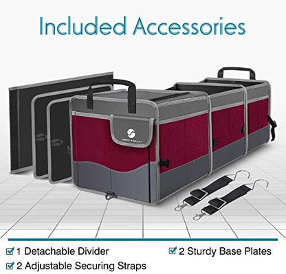 Trunk Organizer with Cooler, Collapsible Trunk Storage Container with Non Slip Bottom Strips, Large Multi-Compartment Waterproof Car Trunk Organizer Groceries for Vehicle Sedan, SUV, Van(Wine Red)