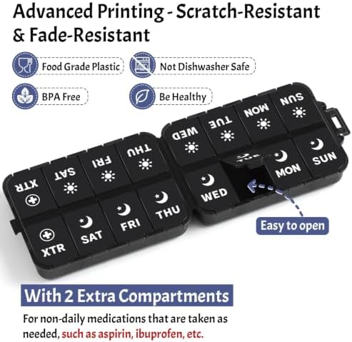 Foldable Portable 7 Day Pill Organizer 2 Times a Day, AM PM Weekly Pill Box