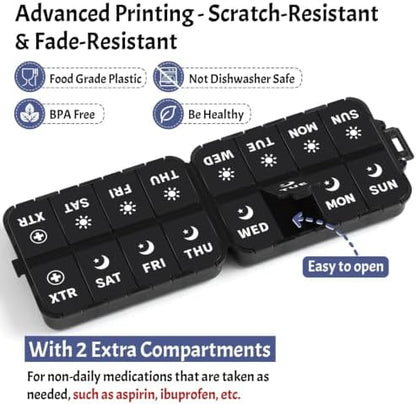Foldable Portable 7 Day Pill Organizer 2 Times a Day, AM PM Weekly Pill Box