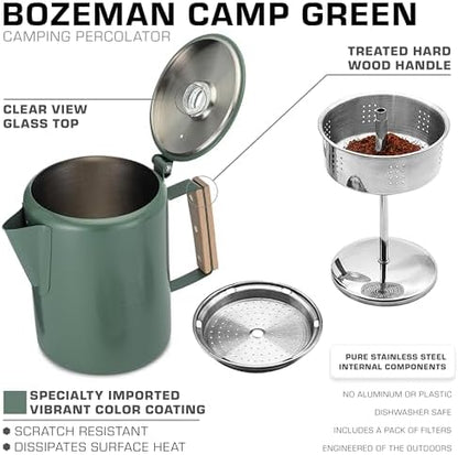 COLETTI Bozeman Color Series Percolator Coffee Pot — Camping Coffee Makers — Camping’s Favorite Percolator – NO Aluminum or Plastic (Camp Green, 9 Cup)