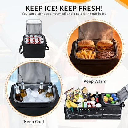 Car Trunk Organizer with Cooler Bag, Collapsible Multi-Compartment Storage Organizer for SUV Truck (Black)