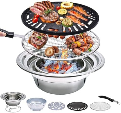 Korean Charcoal Grill 13.8 Inches Stainless Steel Tabletop BBQ Grill Stove Outdoor Camping Cooker, Tabletop Smoker Grill BBQ Grill for Patio Garden Backyard