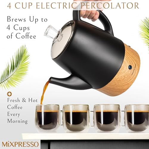Mixpresso 4 Cup Black Small Electric Percolator Coffee Pot, Stainless Steel