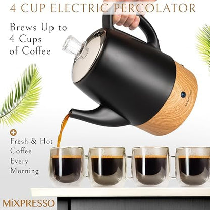 Mixpresso 4 Cup Black Small Electric Percolator Coffee Pot, Stainless Steel