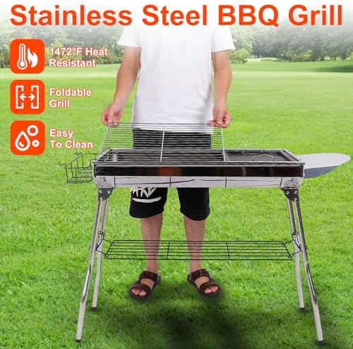 Charcoal Grills,Stainless Steel Folding Portable BBQ Grill Large Charcoal Grill for Garden Backyard Party Picnic Travel Outdoor Cooking Use With Non-Stick Frying Pan