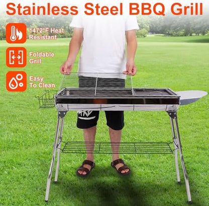 Charcoal Grills,Stainless Steel Folding Portable BBQ Grill Large Charcoal Grill for Garden Backyard Party Picnic Travel Outdoor Cooking Use With Non-Stick Frying Pan