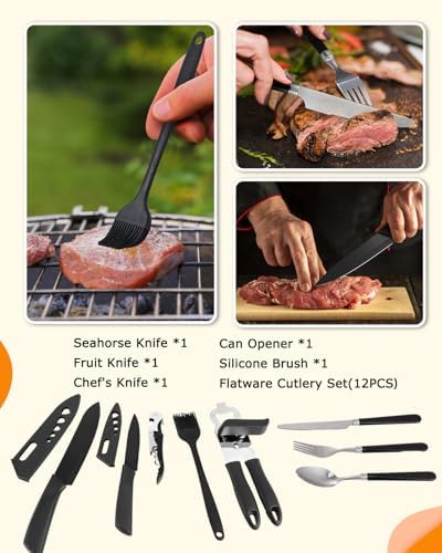 Hozzen Camping Cooking Set - Camping Utensil Set Car Camping Cooking Essentials Gear for Camp Kitchen Cooking and Grilling, Stainless Steel & Silicone Ideal Gift for RV Tent Camper, Picnics, BBQs