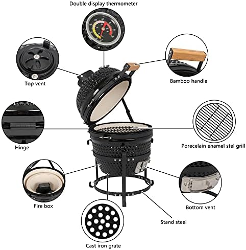 Outvita Ceramic Grill, 13" Round Kamado Charcoal Grill, Black