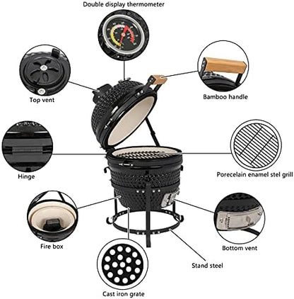 Outvita Ceramic Grill, 13" Round Kamado Charcoal Grill, Black