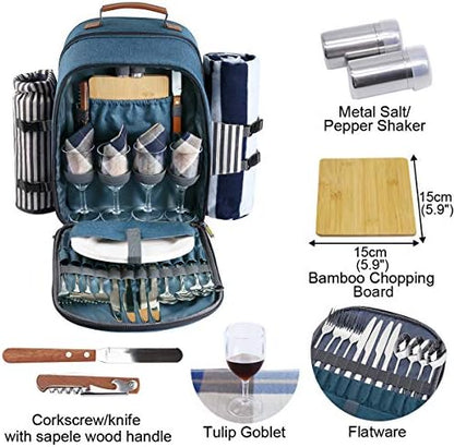 Sunflora Picnic Backpack for 4 Person Set Pack with Insulated Waterproof Pouch for Family Outdoor Camping(Blue & Stripe)