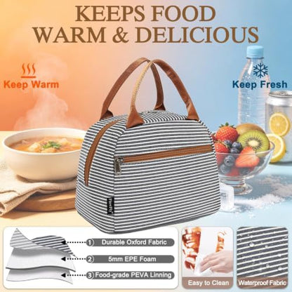 FlowFly Insulated Lunch Cooler Bag - Tote Bag Organizer for Women/Men, White&Black Stripe