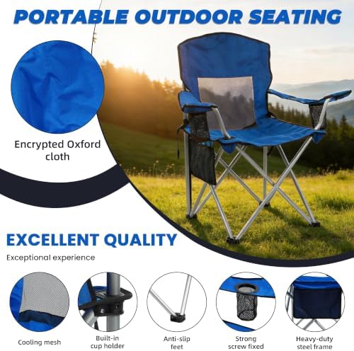HulkFit 2 Pack Folding Camping Chair – Heavy Duty Portable Outdoor Beach Chair for Adults with Breathable Mesh Back, Cup Holder & Carry Bag – Ideal for Backyard, Tailgating, Hiking & Travel,Royal Blue