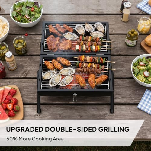2-Sided Portable Charcoal Grill, Dual Zone with Carry Bag, 13in Tabletop