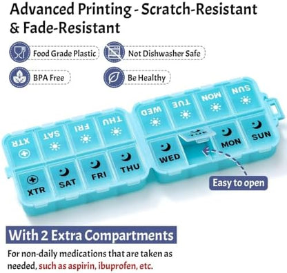 Foldable Portable 7 Day Pill Organizer 2 Times a Day, AM PM Weekly Pill Box