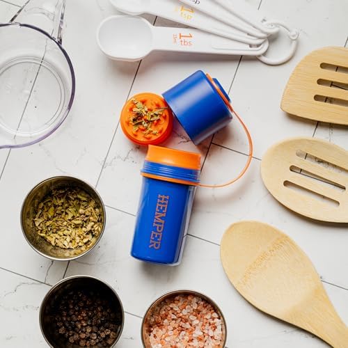 Hemper Keeper 3‑in‑1 Herb Grinder with Dual Storage Container - Smell‑Proof, Airtight & Water‑Resistant - Built‑In Removable Grinder, Dual Compartments for Flower & Ground - (Blue & Orange)