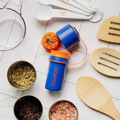 Hemper Keeper 3‑in‑1 Herb Grinder with Dual Storage Container - Smell‑Proof, Airtight & Water‑Resistant - Built‑In Removable Grinder, Dual Compartments for Flower & Ground - (Blue & Orange)
