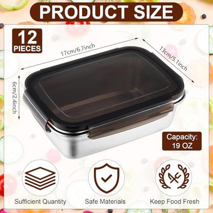 12 Pcs 19oz/ 550 ml 304 Stainless Steel Food Containers with Lid, FDA Registered Airtight Lunch Container Reusable Meal Prep Storage Box Freezer/Dishwasher Safe for Home Kitchen