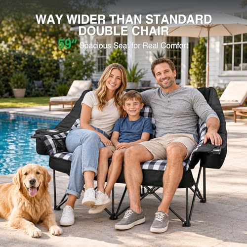 HOPERAN Double Camping Chair 800lbs Camping Couch Folding Loveseat, Black