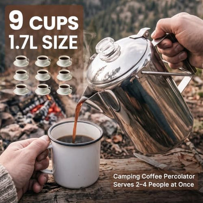 KingCamp Percolator Coffee Pot,304 Stainless Steel with Wood Handle,9 Cup