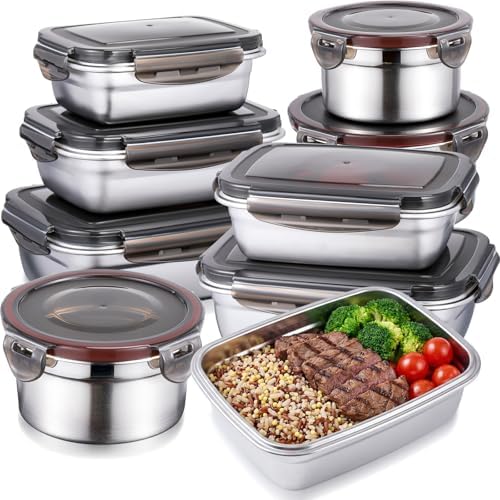 8 Pcs 304 Stainless Steel Food Storage Containers with Lids Leakproof, Reusable Airtight Meal Preparation Container Round and Square Stackable Food Container for Kitchen Picnic(Black Lids)
