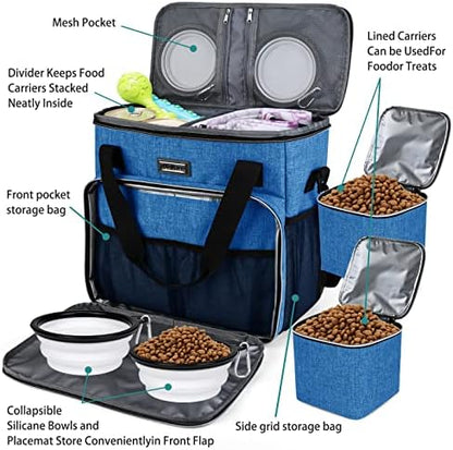 BAGLHER Dog Travel Bag, Pet Travel Bag (ALL Pet Travel Supplies), With 2 Pet Food Containers and 2 Collapsible Silicone Bowls; Essential Kits for Pet Travel Blue