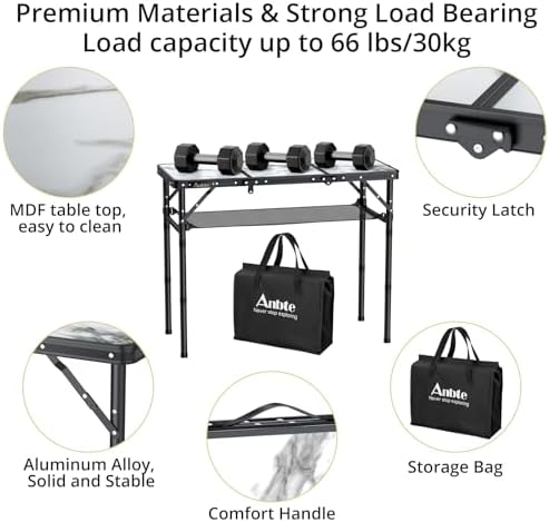 Anbte 3ft Folding Camping Table, 3 Adjustable Height Max 27.5", White