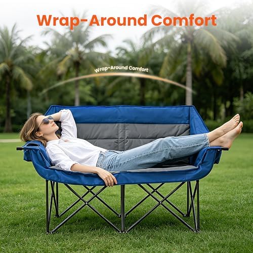 Asrug Padded Double Camping Chair 2 Person Folding Camping Chair Loveseat with Cup Holders and Side Pockets Heavy Duty Camping Couch for Outdoor Beach Fishing Garden 650lbs Support (Blue & Dark Gray)