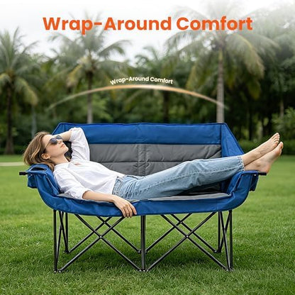 Asrug Padded Double Camping Chair 2 Person Folding Camping Chair Loveseat with Cup Holders and Side Pockets Heavy Duty Camping Couch for Outdoor Beach Fishing Garden 650lbs Support (Blue & Dark Gray)
