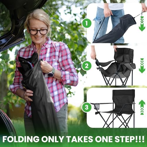 2 Pack Lightweight Folding Camping Chairs, Outdoor Lawn Beach Chair with Cup Holder & Carry Bag for Travel, Fishing, Picnic, Backyard, Hiking (Black, Medium)