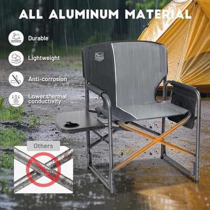 Timber Ridge Aluminum Oversized Camping Chair, Lightweight Portable Directors Chair with Side Table Detachable Side Pocket for Outdoor Camping, Lawn, Picnic, Support 400lbs Gray