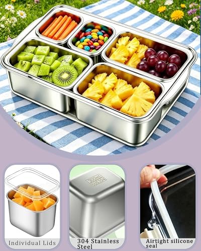 Snackle Box Container, Stainless Steel Divided Serving Tray with Lid and Handle, Large Snack Tray for Fruit Veggie Candy, 5-Compartment Snack Platter for Travel Party Beach Picnic