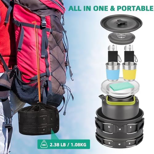 17pcs Camping Cookware Kit, Nonstick Pots Pans and Kettle Set