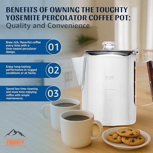 Toughty Yosemite Stovetop Coffee Percolator, 9 Cup, Silver