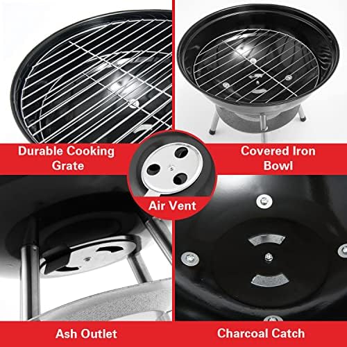 Alpine Cuisine Premium 14" Charcoal BBQ Grill Round for Outdoor Cooking, Barbecue Coal Kettle Bowl Grill Portable Heavy Duty Round with Legs Grilling for Tailgating Patio Backyard Camping - Black