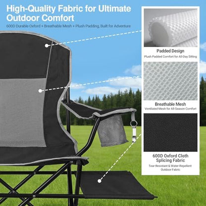 XGEAR Camping Chairs 350LBS Heavy Duty Folding Chair with Side Table Black