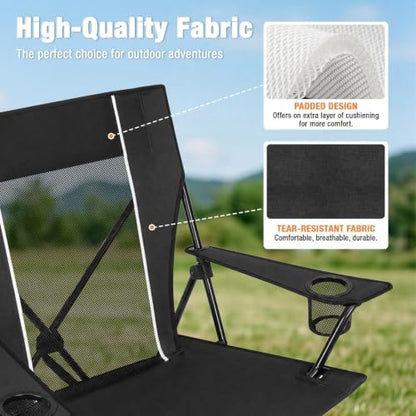 Romswi Portable Folding Camping Chair for Adults, Heavy Duty Outdoor Sports Chair with Dual Cup Holders, Side Pocket and Carry Bag, Camping Chair for Lawn, Beach, Fishing, Picnic and Tailgating,Black