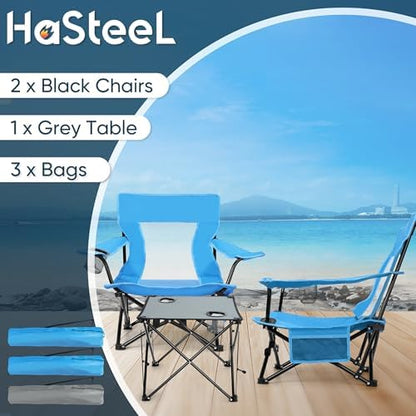 HaSteeL Low Beach Chairs, 3Pcs Folding Camping Chairs with Table - Blue