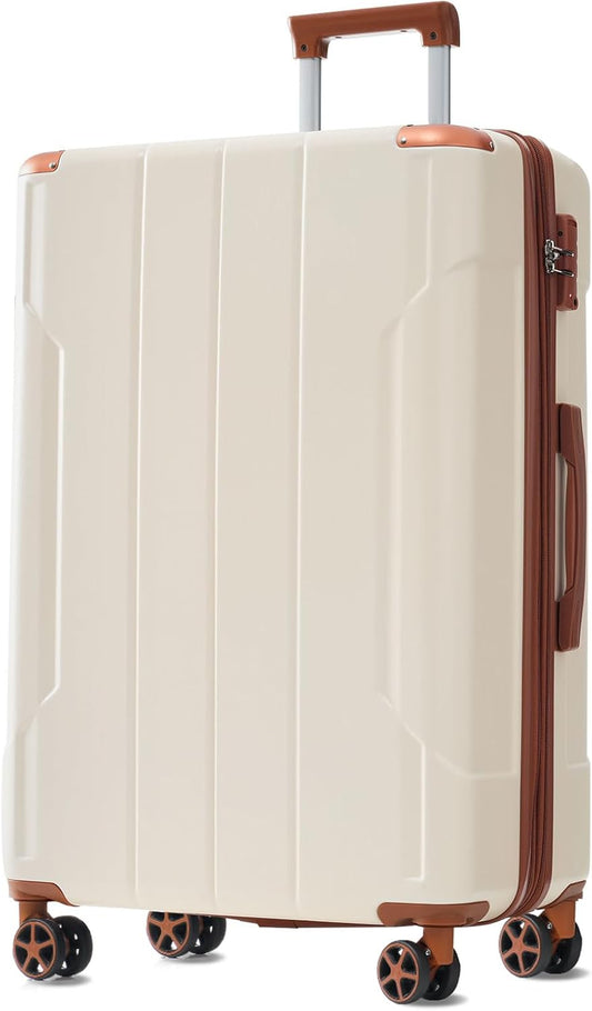 Merax 24 Inch Expandable Checked Luggage, Hardshell ABS Medium Suitcase with Spinner Wheels, TSA Lock, Lightweight Durable Travel Suitcase for Men Women(White Brown)