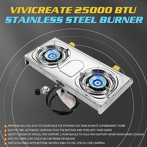 Vivicreate 25000 BTU 2 Burner Propane Gas Stove Stainless Steel Cooktop Outdoor Camping Stove Portable Double Burner for BBQ Boiling Frying Cooking Estufa de Portátil Fogón de Gas