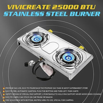 Vivicreate 25000 BTU 2 Burner Propane Gas Stove Stainless Steel Cooktop Outdoor Camping Stove Portable Double Burner for BBQ Boiling Frying Cooking Estufa de Portátil Fogón de Gas
