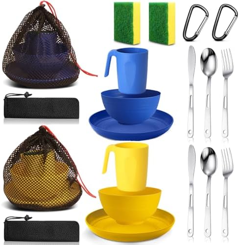 Scout Camping Mess Kit for Person Boy Scout Dishes Set Girl Scout Mess Kit with Mesh Bag Reusable Light Weight Eating Utensils Plastic Camping Cutlery Set for Travel Camp
