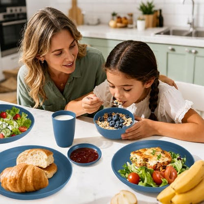 16 PCS Wheat Straw Plates and Bowls Sets,Kids Dishes Dinnerware Sets for 4,Unbreakable Kitchen Plates and Bowls Set for Travel Dishwasher & Microwave Safe Lightweight Dishes Set - DeepBlue