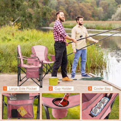 Oversized Padded Camping Chairs for Adults,Heavy Duty Support 400 Lbs,Folding Portable Lawn Chair w/Cup Holder,Cooler Bag,Side Pocket,Perfect for Outdoor Picnic,Hiking(Pink)