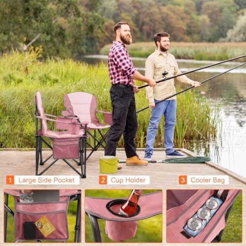 2 Pack Padded Oversized Camping Chairs for Adults,Heavy Duty Support 400 Lbs,Folding Portable Lawn Chair w/Cup Holder,Cooler Bag,Side Pocket,Perfect for Outdoor Picnic,Hiking(Pink)