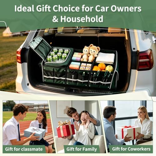 Car Trunk Organizer with Cooler Bag, Collapsible Multi-Compartment Storage Organizer for SUV Truck (Green)
