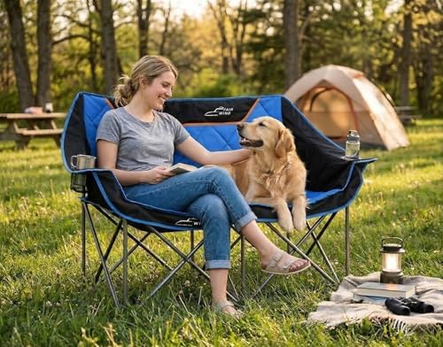 FAIR WIND Oversized Fully Padded Camping Chair Folding Loveseat Camping Couch Double Duo Chair Heavy Duty Quad Fold Arm Chair with Cup Hold - Supports 650 LBS Blue