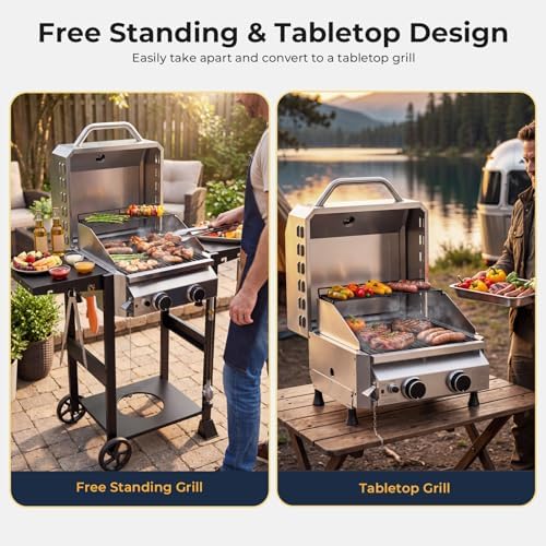 Electactic 2 Burner Propane Gas Grill, 16,000 BTU Stainless Steel BBQ Grill with Folding Side Tables, Convertible to Tabletop Design, Enameled Cast Iron Grates, Barbecue Grill for Camping, Patio